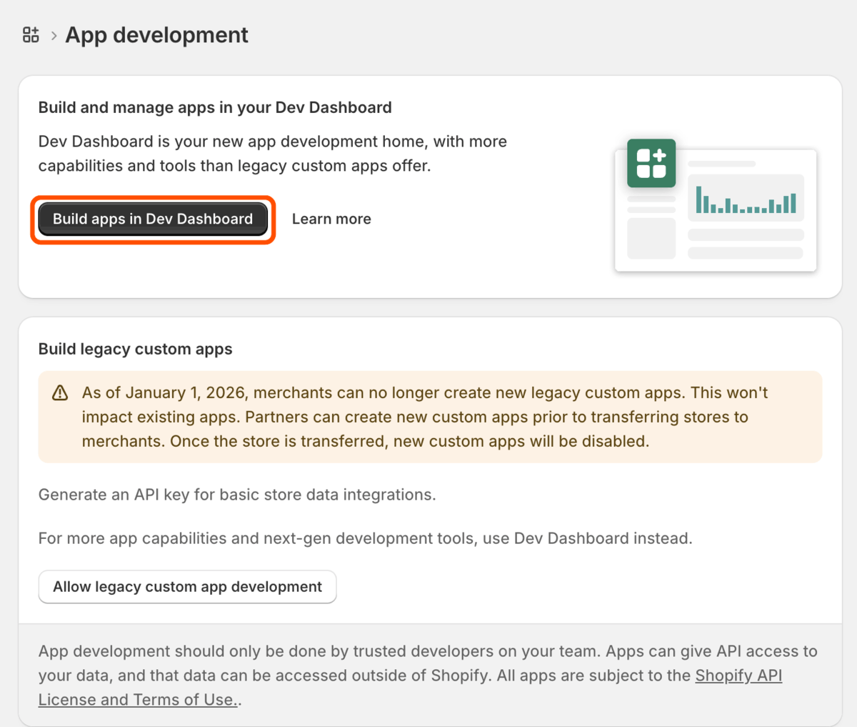 The App development page with the Build apps in Dev Dashboard button