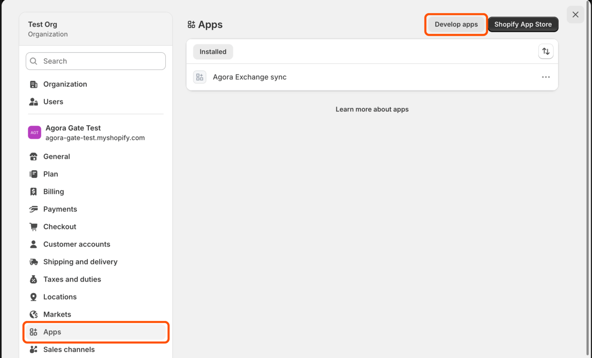 Shopify Settings with Apps selected in the menu and the Develop apps button at the top right
