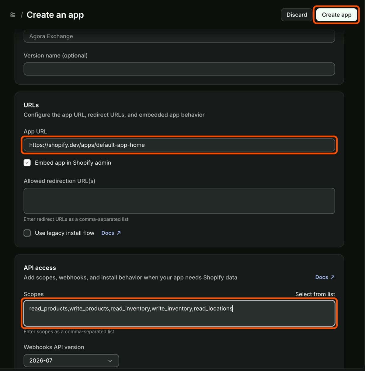 The Create an app form with the App URL, the Scopes line and the Create app button highlighted