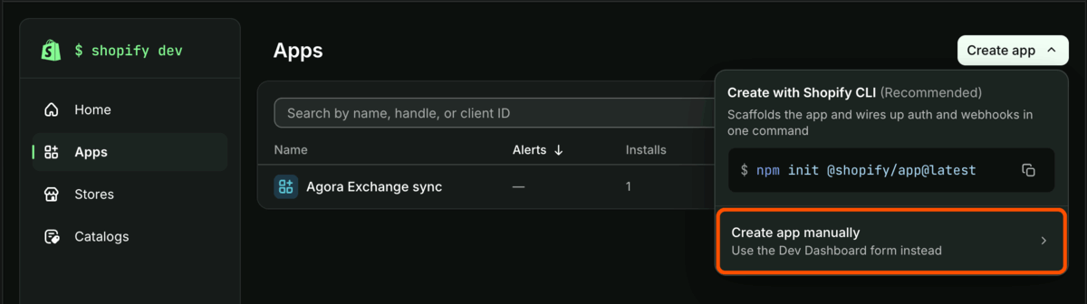 The Create app menu in the Dev Dashboard with Create app manually highlighted
