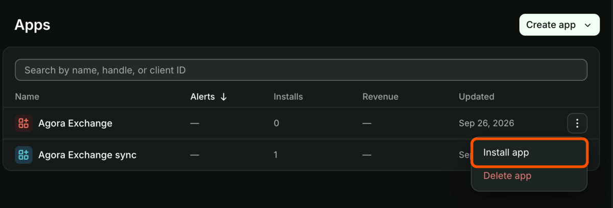 The Apps list in the Dev Dashboard with the row menu open and Install app highlighted