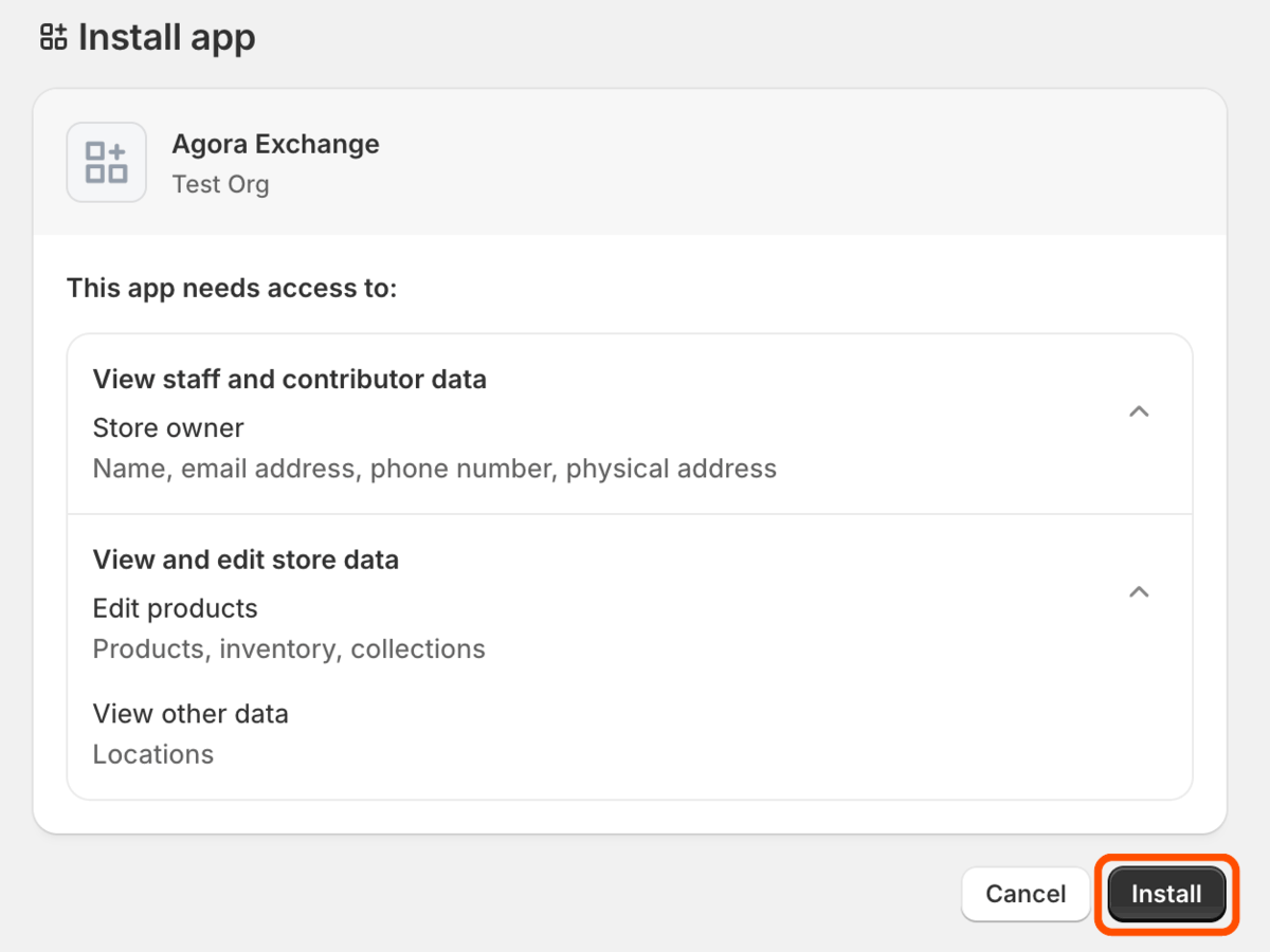 The Install app screen listing the access the app needs, with the Install button highlighted