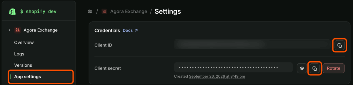 App settings in the Dev Dashboard, with the copy icons for the Client ID and the Client secret highlighted